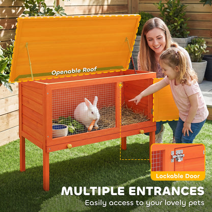 Wooden Rabbit Hutch 90 x 45 x 65 cm (35.4 x 17.7 x 25.6 in) – Elevated Outdoor Small Animal Hutch with Hinged Asphalt Roof, Pull-Out Tray, Door & Galvanized Wire, Orange