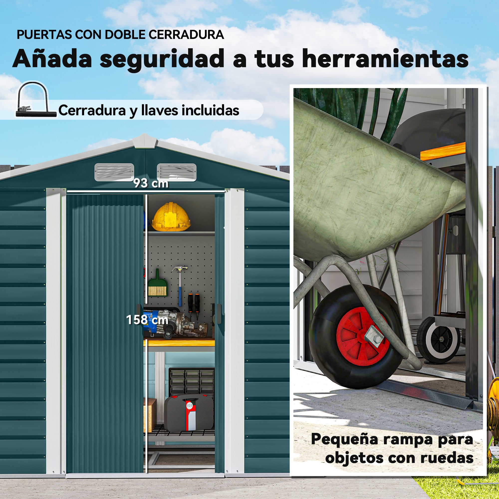 Garden Shed Outdoor 2.36m² 213x120x194 cm Exterior Garden Storage Shed with Reinforced Base (Floor NOT Included) Double Sliding Doors Padlock Windows Dark Green
