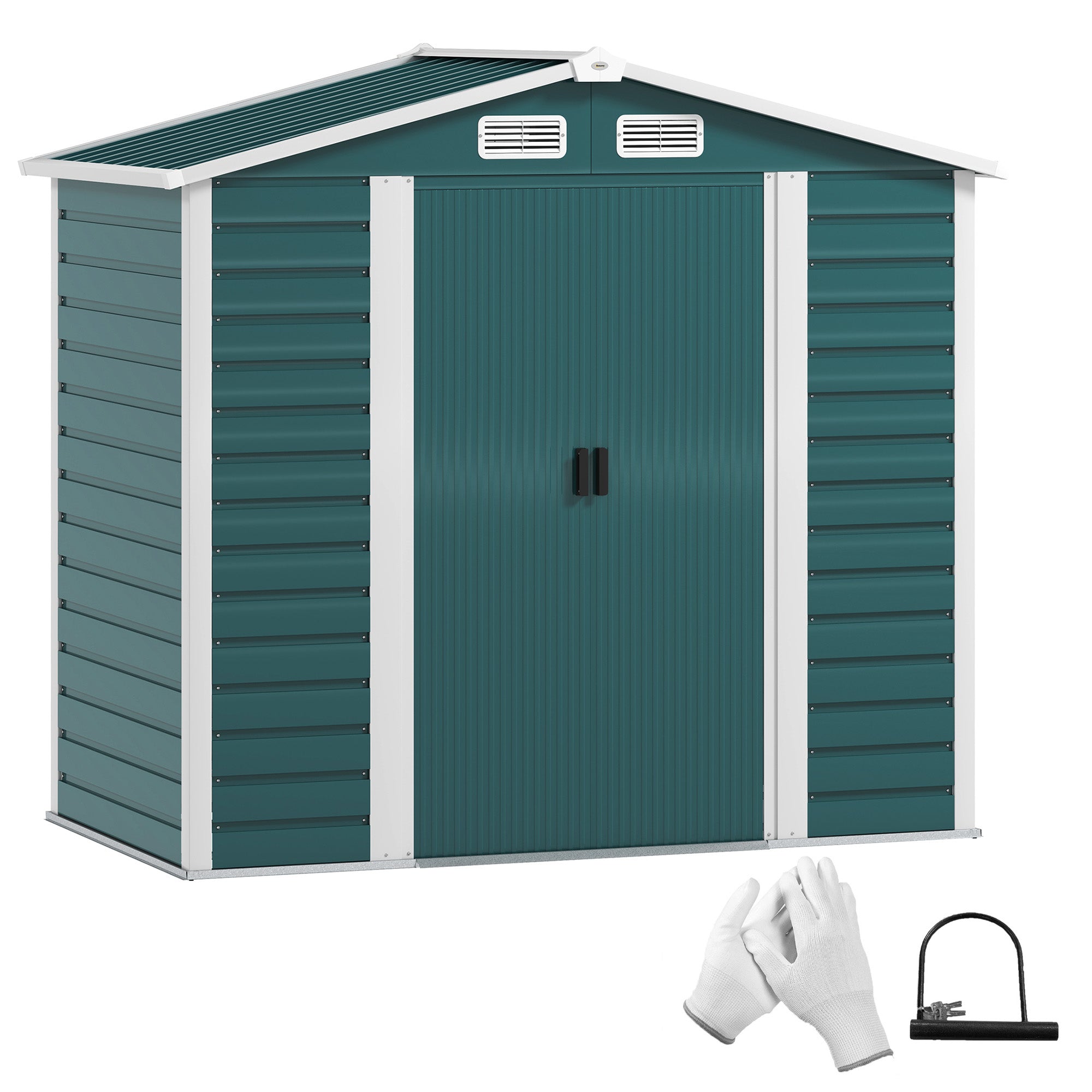 Garden Shed Outdoor 2.36m² 213x120x194 cm Exterior Garden Storage Shed with Reinforced Base (Floor NOT Included) Double Sliding Doors Padlock Windows Dark Green