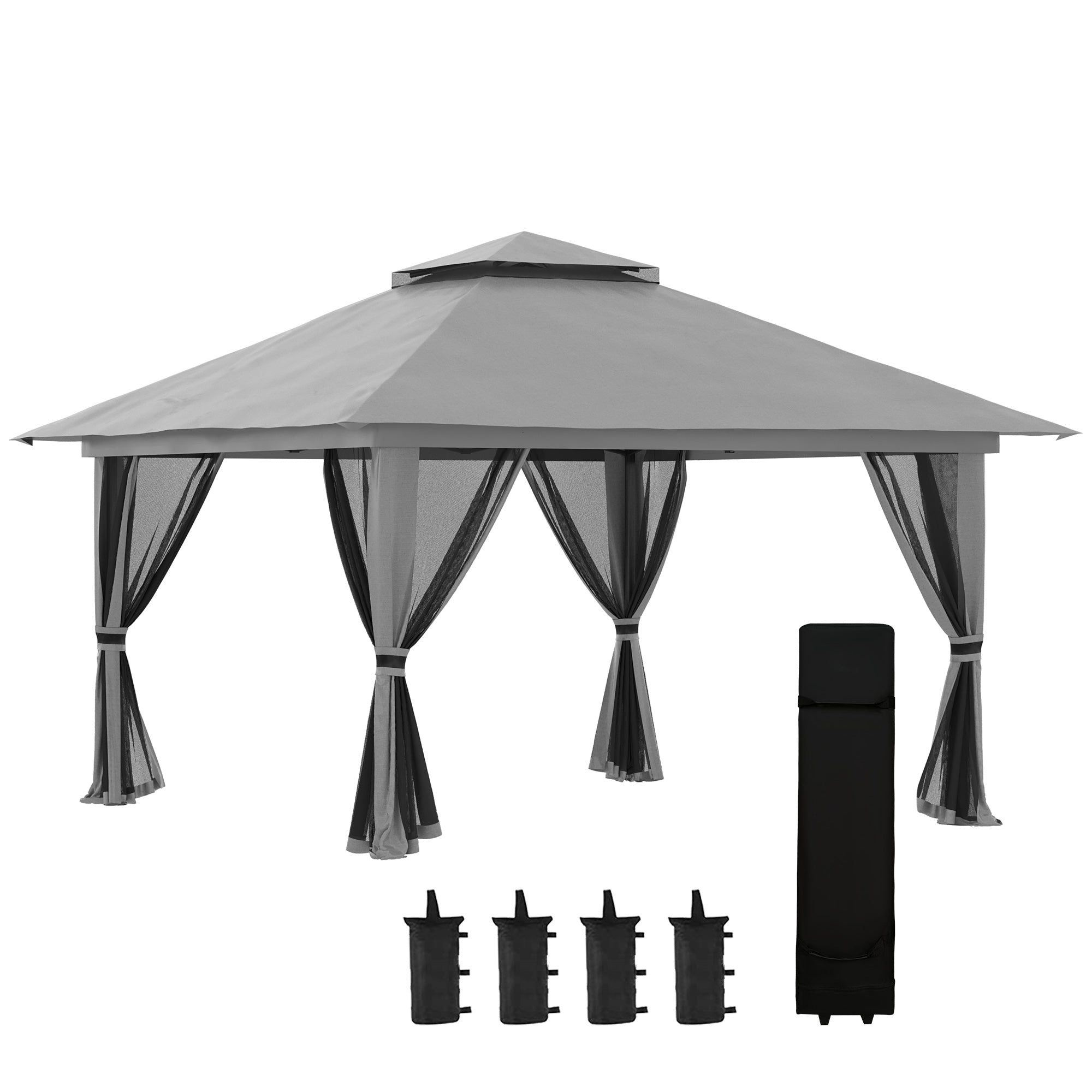 Pavilion 4x4m Stable Winterproof Pop-up Garden Pavilion with Double Roof, UV Protection 50+ Party Tent Gazebo with 4 Side Walls Bag Sandbags for Camping Garden Festival, Dark Grey