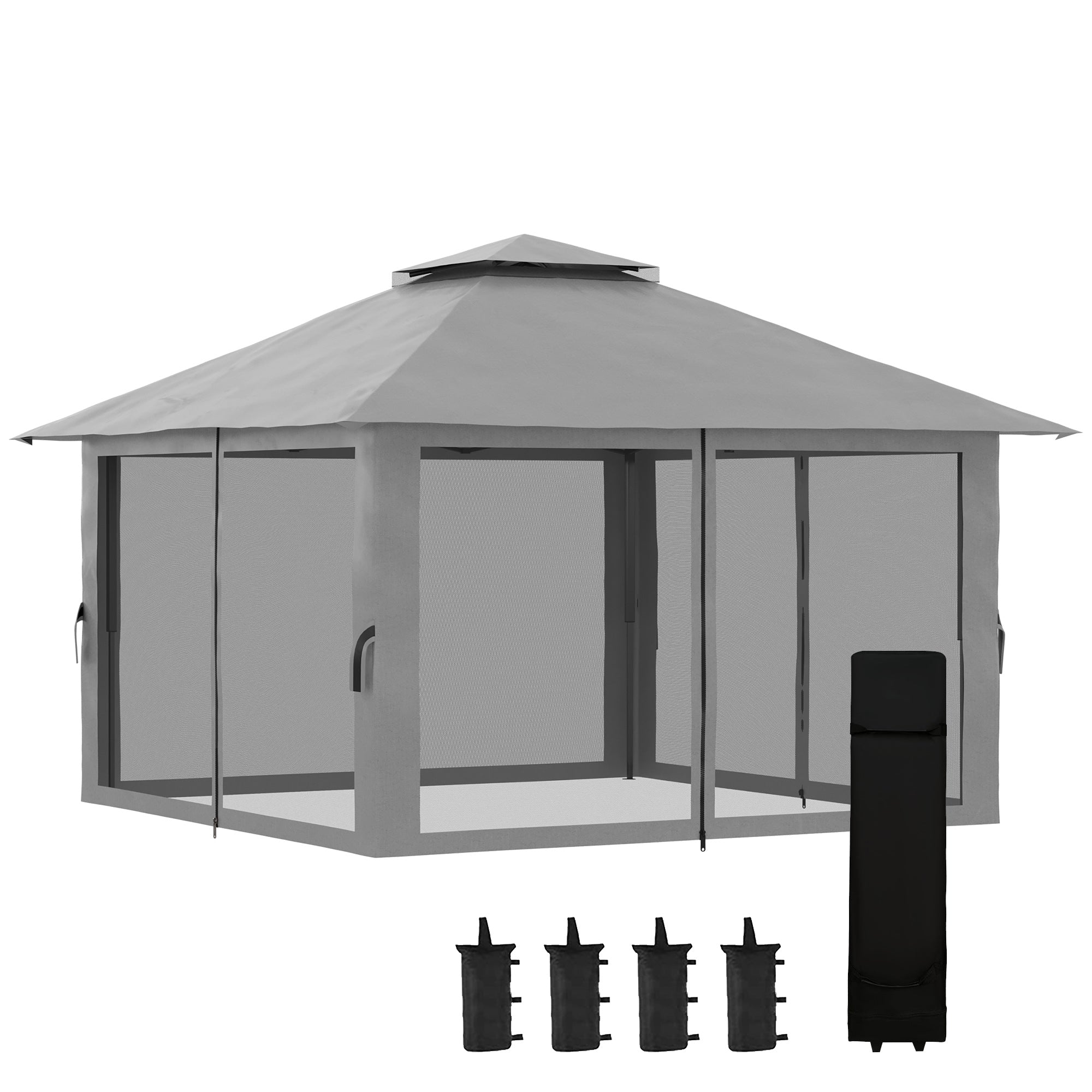 Pavilion 4x4m Stable Winterproof Pop-up Garden Pavilion with Double Roof, UV Protection 50+ Party Tent Gazebo with 4 Side Walls Bag Sandbags for Camping Garden Festival, Dark Grey