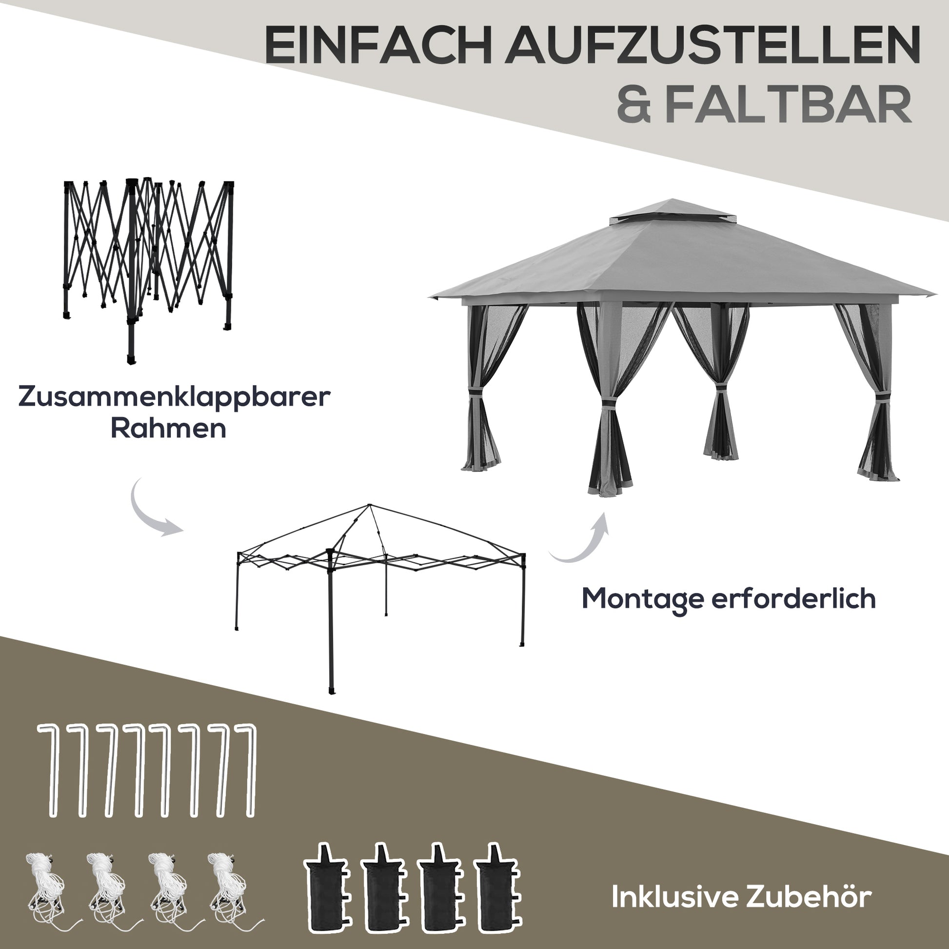 Pavilion 4x4m Stable Winterproof Pop-up Garden Pavilion with Double Roof, UV Protection 50+ Party Tent Gazebo with 4 Side Walls Bag Sandbags for Camping Garden Festival, Dark Grey