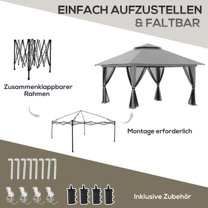 Pavilion 4x4m Stable Winterproof Pop-up Garden Pavilion with Double Roof, UV Protection 50+ Party Tent Gazebo with 4 Side Walls Bag Sandbags for Camping Garden Festival, Dark Grey
