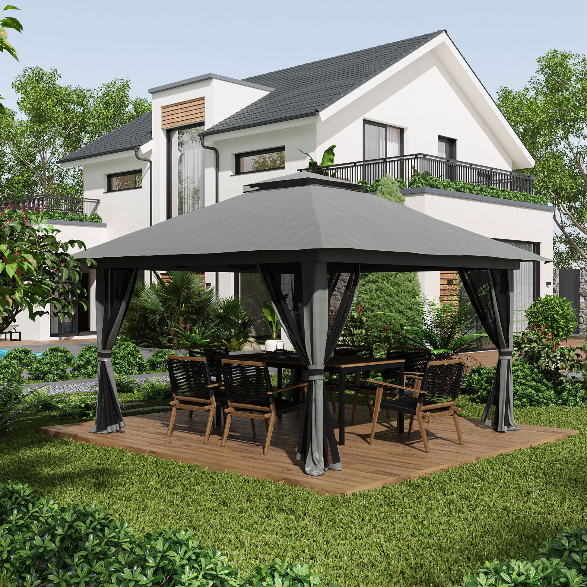 Pavilion 4x4m Stable Winterproof Pop-up Garden Pavilion with Double Roof, UV Protection 50+ Party Tent Gazebo with 4 Side Walls Bag Sandbags for Camping Garden Festival, Dark Grey