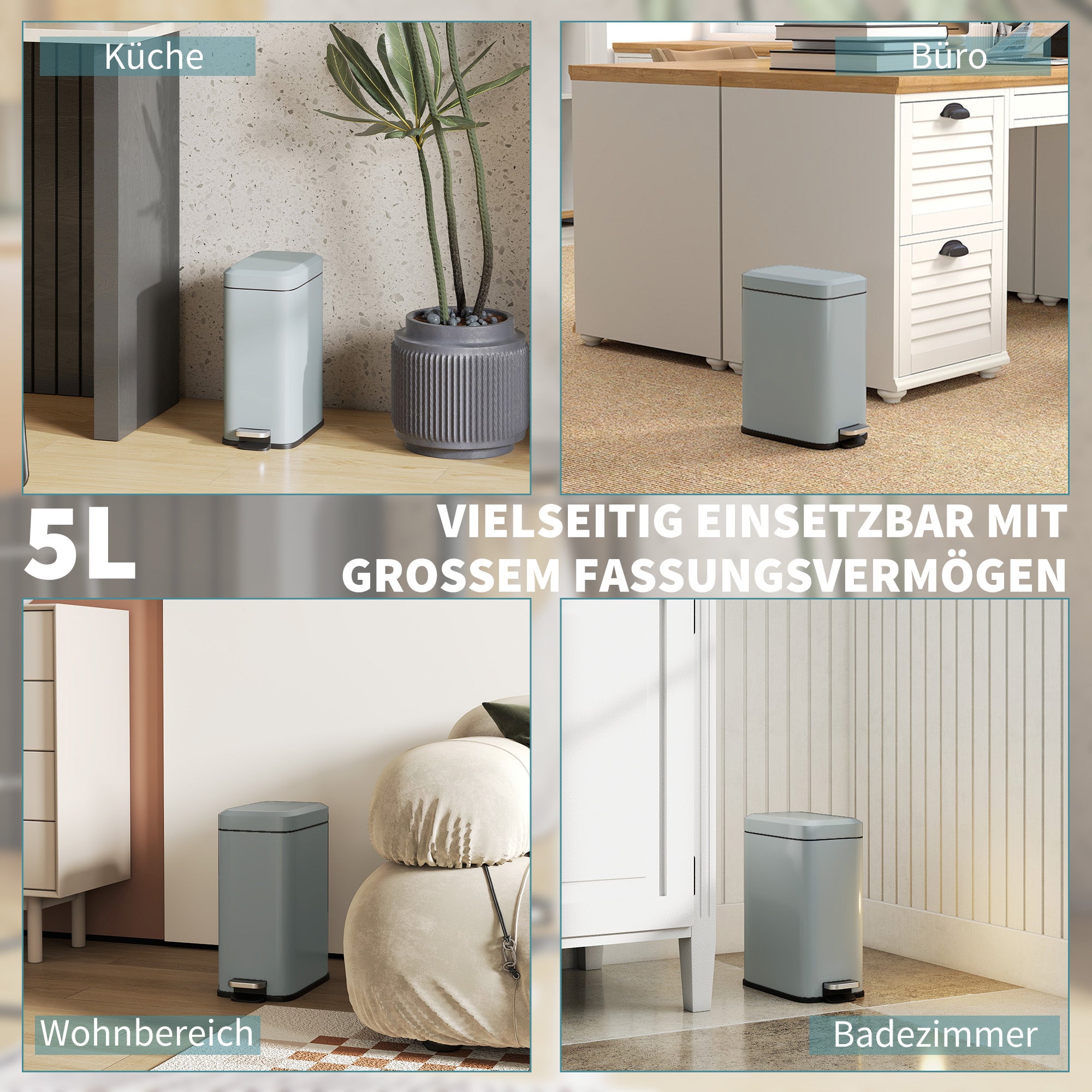 Trash Can 5L with Soft Close Lid and Pedal, Trash Can including Inner Bin Cosmetic Bin for Living Room, Office, Metal, Gray, 29.2 x 14 x 32 cm