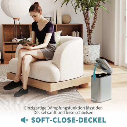 Trash Can 5L with Soft Close Lid and Pedal, Trash Can including Inner Bin Cosmetic Bin for Living Room, Office, Metal, Gray, 29.2 x 14 x 32 cm