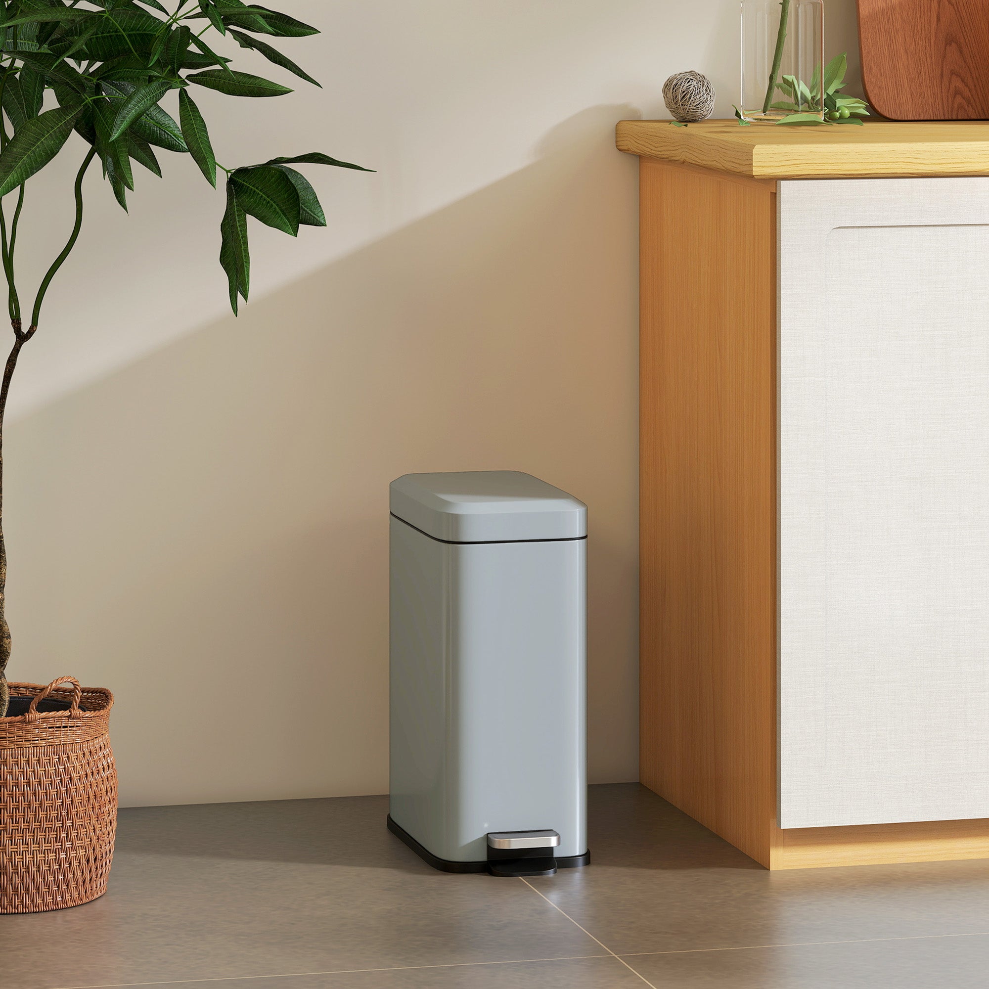Trash Can 5L with Soft Close Lid and Pedal, Trash Can including Inner Bin Cosmetic Bin for Living Room, Office, Metal, Gray, 29.2 x 14 x 32 cm