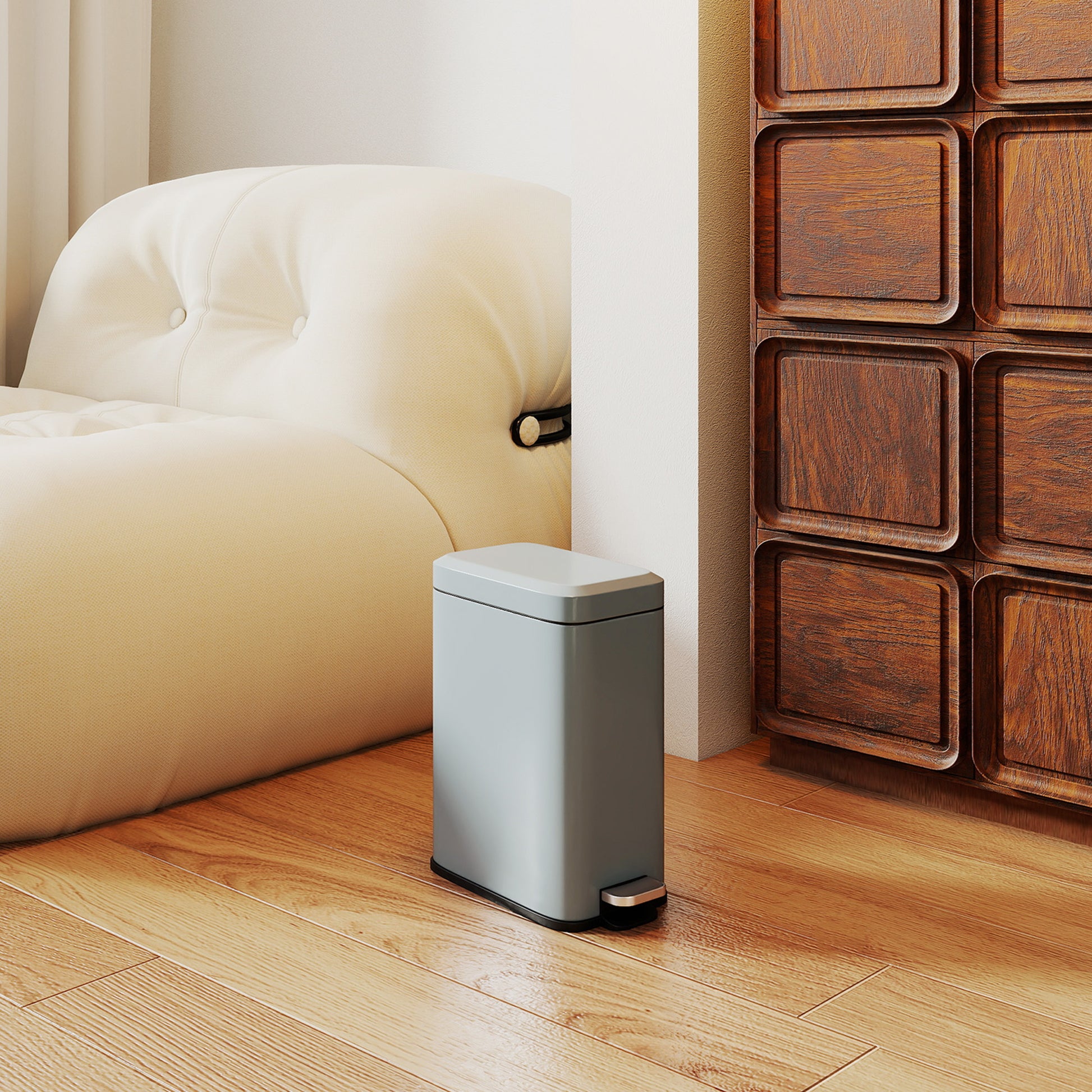 Trash Can 5L with Soft Close Lid and Pedal, Trash Can including Inner Bin Cosmetic Bin for Living Room, Office, Metal, Gray, 29.2 x 14 x 32 cm