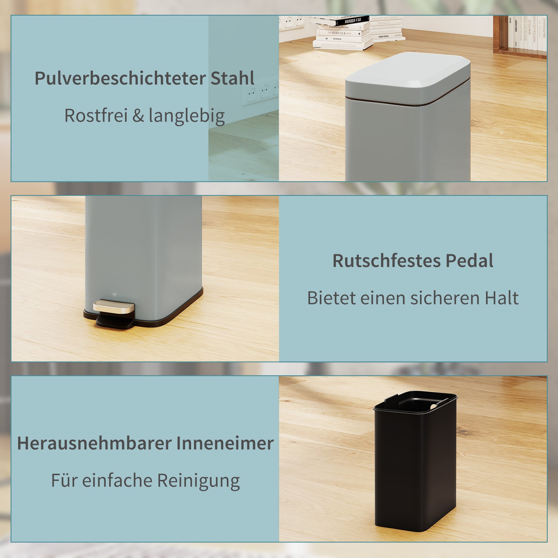 Trash Can 5L with Soft Close Lid and Pedal, Trash Can including Inner Bin Cosmetic Bin for Living Room, Office, Metal, Gray, 29.2 x 14 x 32 cm