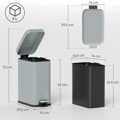 Trash Can 5L with Soft Close Lid and Pedal, Trash Can including Inner Bin Cosmetic Bin for Living Room, Office, Metal, Gray, 29.2 x 14 x 32 cm