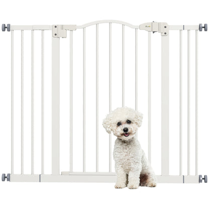 Extensible Dog Safety Gate 74-100 cm for Doors and Stairs Pet Security Gate with 2 Extensions 7/14 cm Pressure Mount and Double Lock White