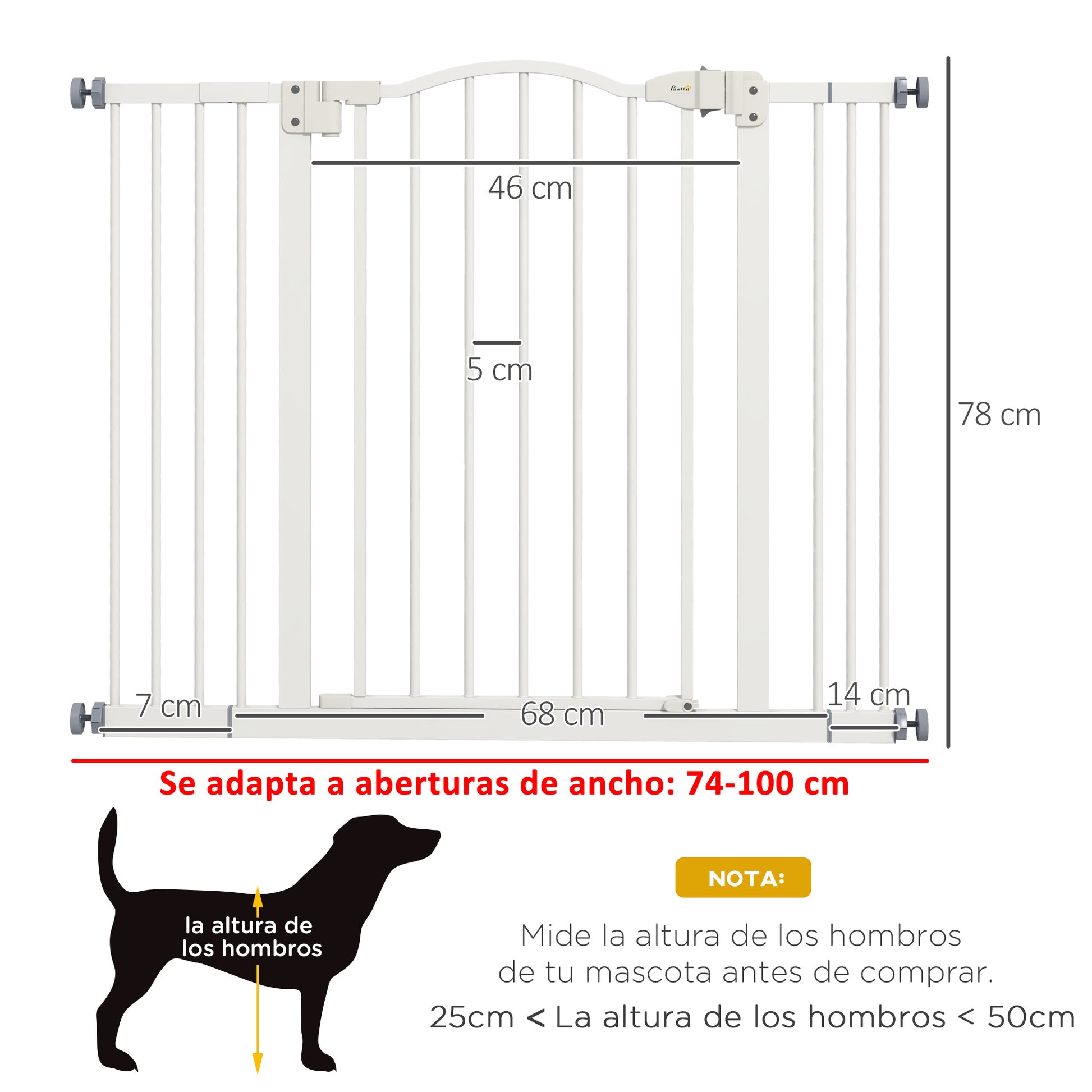 Extensible Dog Safety Gate 74-100 cm for Doors and Stairs Pet Security Gate with 2 Extensions 7/14 cm Pressure Mount and Double Lock White