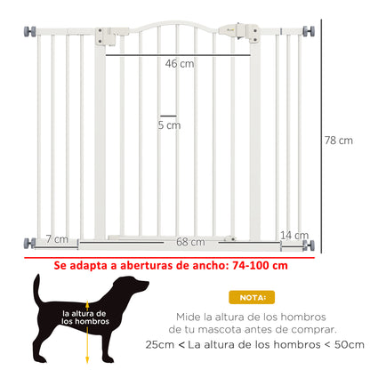 Extensible Dog Safety Gate 74-100 cm for Doors and Stairs Pet Security Gate with 2 Extensions 7/14 cm Pressure Mount and Double Lock White