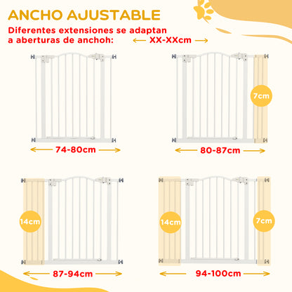 Extensible Dog Safety Gate 74-100 cm for Doors and Stairs Pet Security Gate with 2 Extensions 7/14 cm Pressure Mount and Double Lock White
