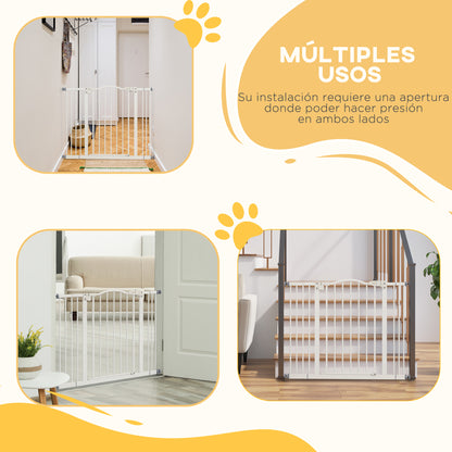 Extensible Dog Safety Gate 74-100 cm for Doors and Stairs Pet Security Gate with 2 Extensions 7/14 cm Pressure Mount and Double Lock White