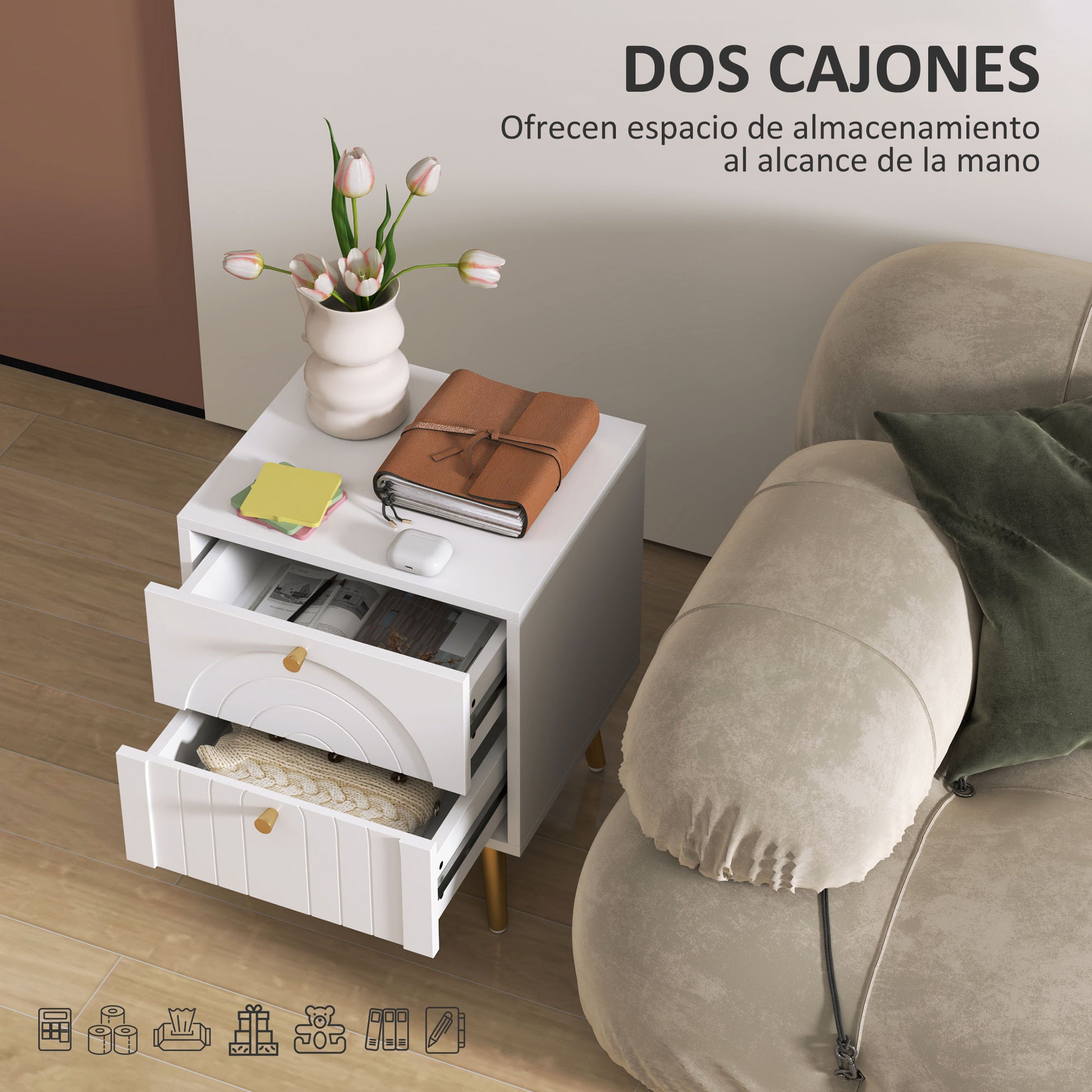 Pack of 2 Nightstands Bedside Tables with 2 Drawers and Steel Legs Modern Style 40x35x50 cm White