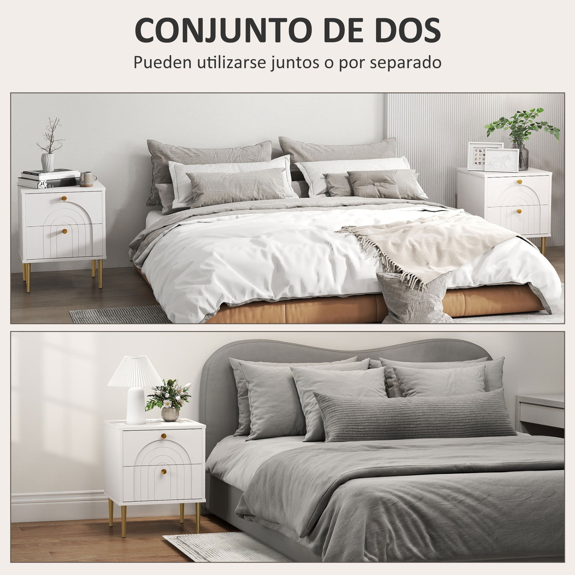 Pack of 2 Nightstands Bedside Tables with 2 Drawers and Steel Legs Modern Style 40x35x50 cm White