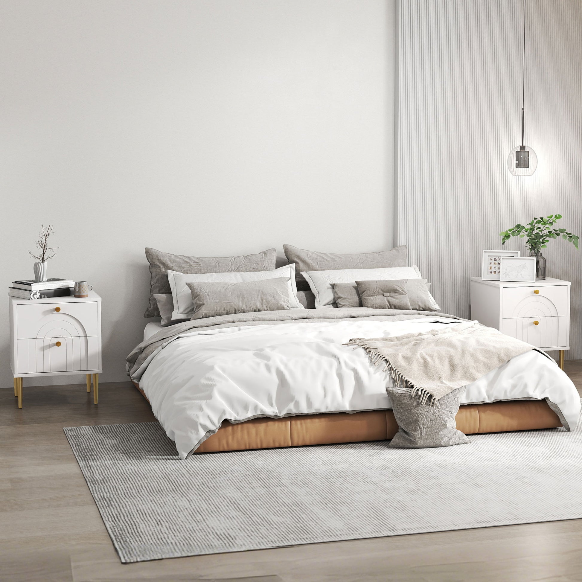 Pack of 2 Nightstands Bedside Tables with 2 Drawers and Steel Legs Modern Style 40x35x50 cm White