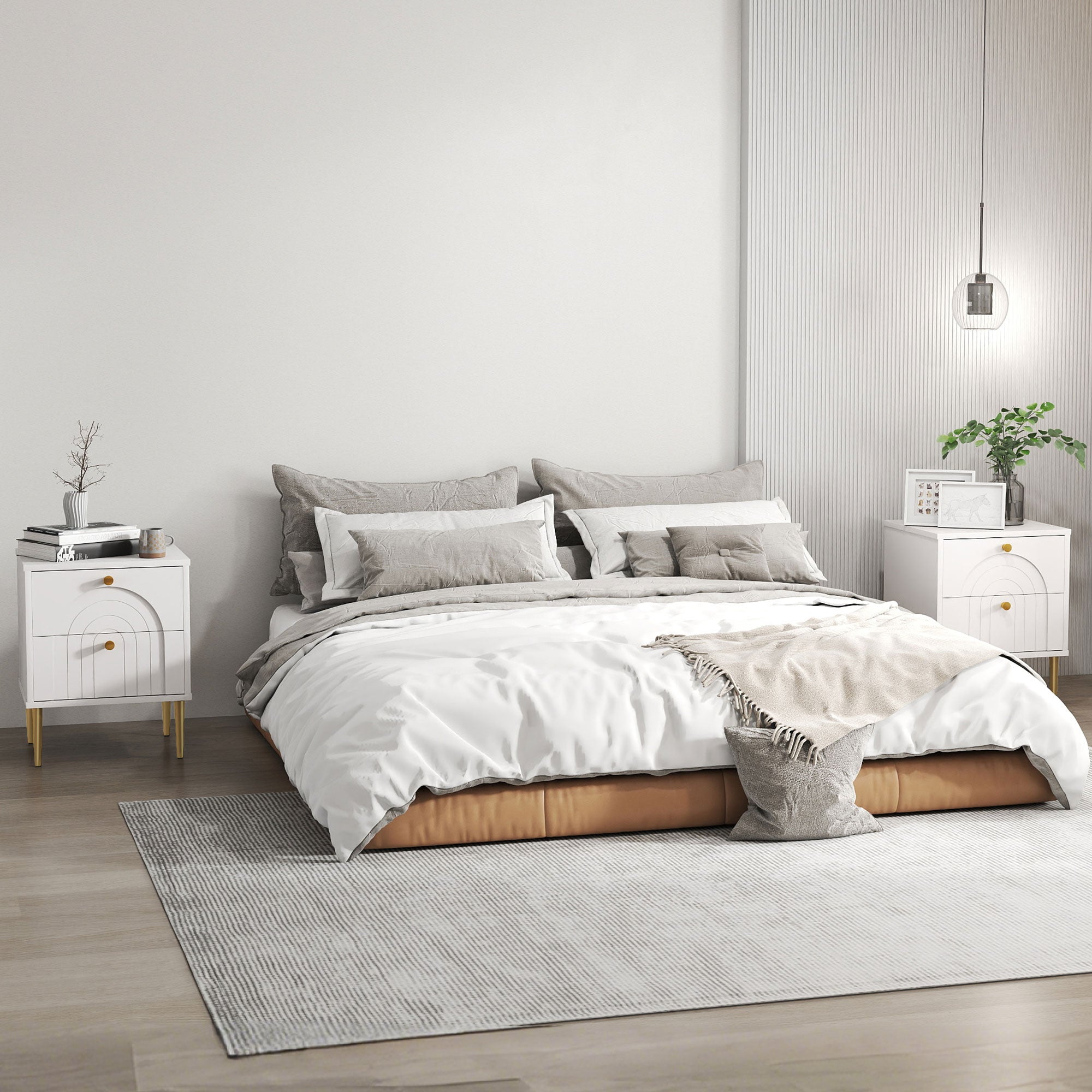 Pack of 2 Nightstands Bedside Tables with 2 Drawers and Steel Legs Modern Style 40x35x50 cm White