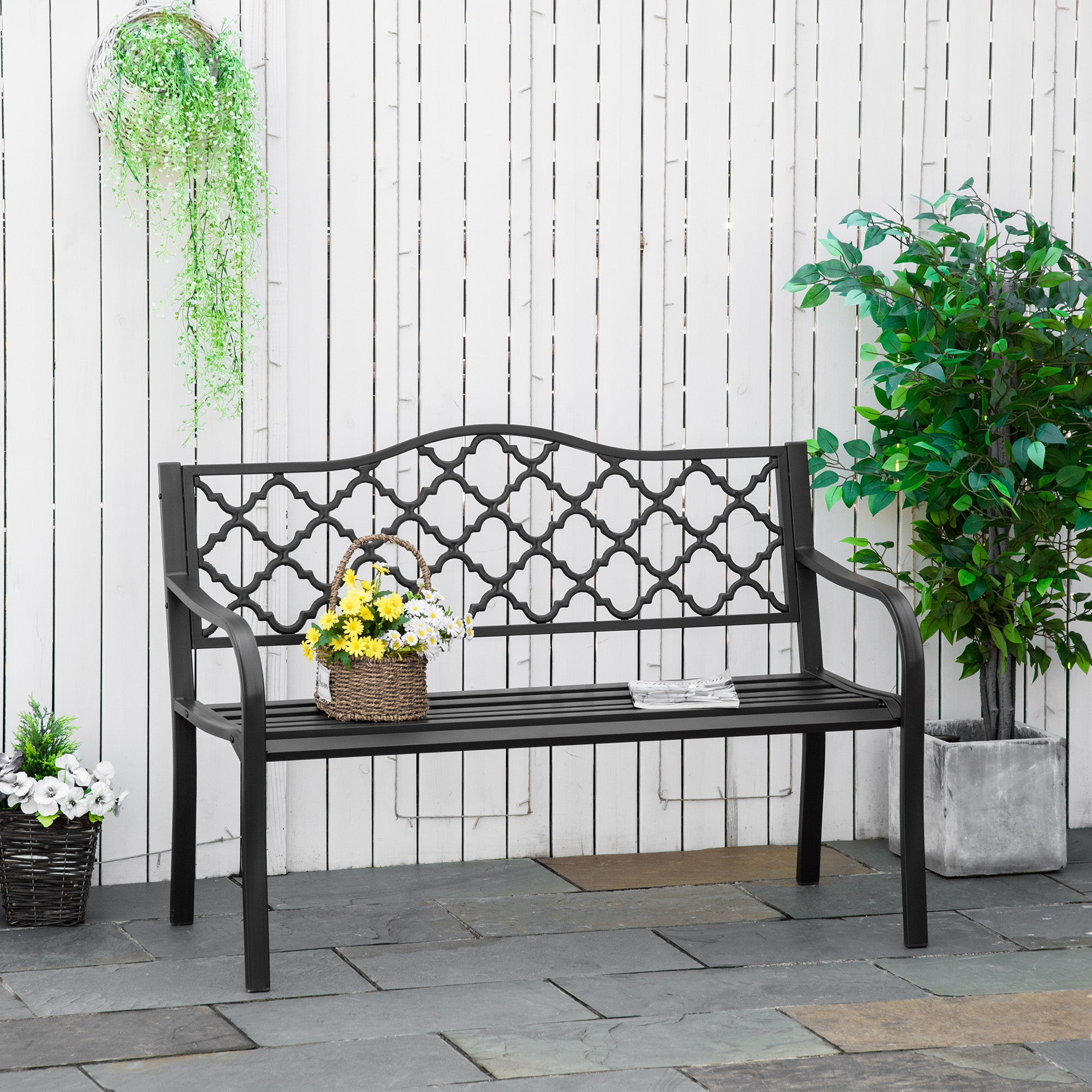 Rural Chic Style 3-Seater Garden Bench for Patio 128L x 60W x 89H cm Anti-Corrosion Epoxy Metal Cast Iron Brown