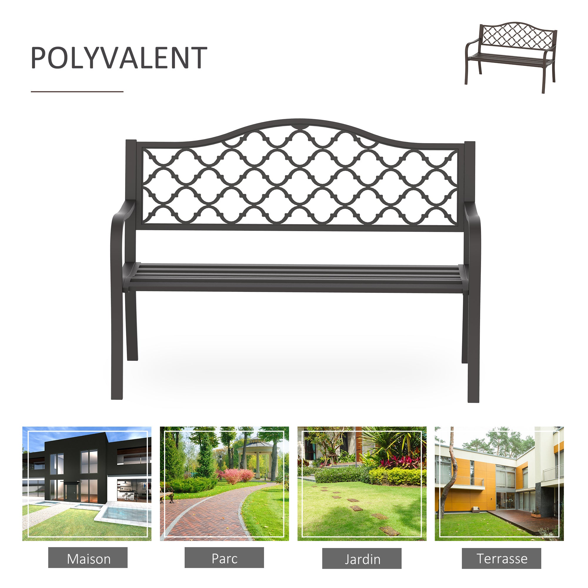 Rural Chic Style 3-Seater Garden Bench for Patio 128L x 60W x 89H cm Anti-Corrosion Epoxy Metal Cast Iron Brown