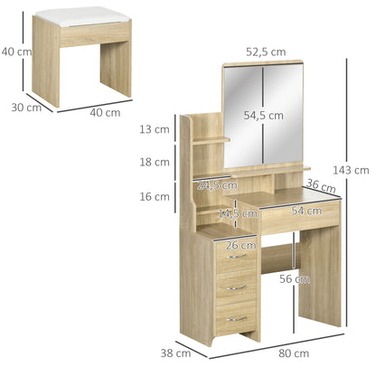 Vanity Table Makeup Desk Set with Padded Stool Large Mirror + Multiple Open Shelves + 4 Drawers Natural Wood