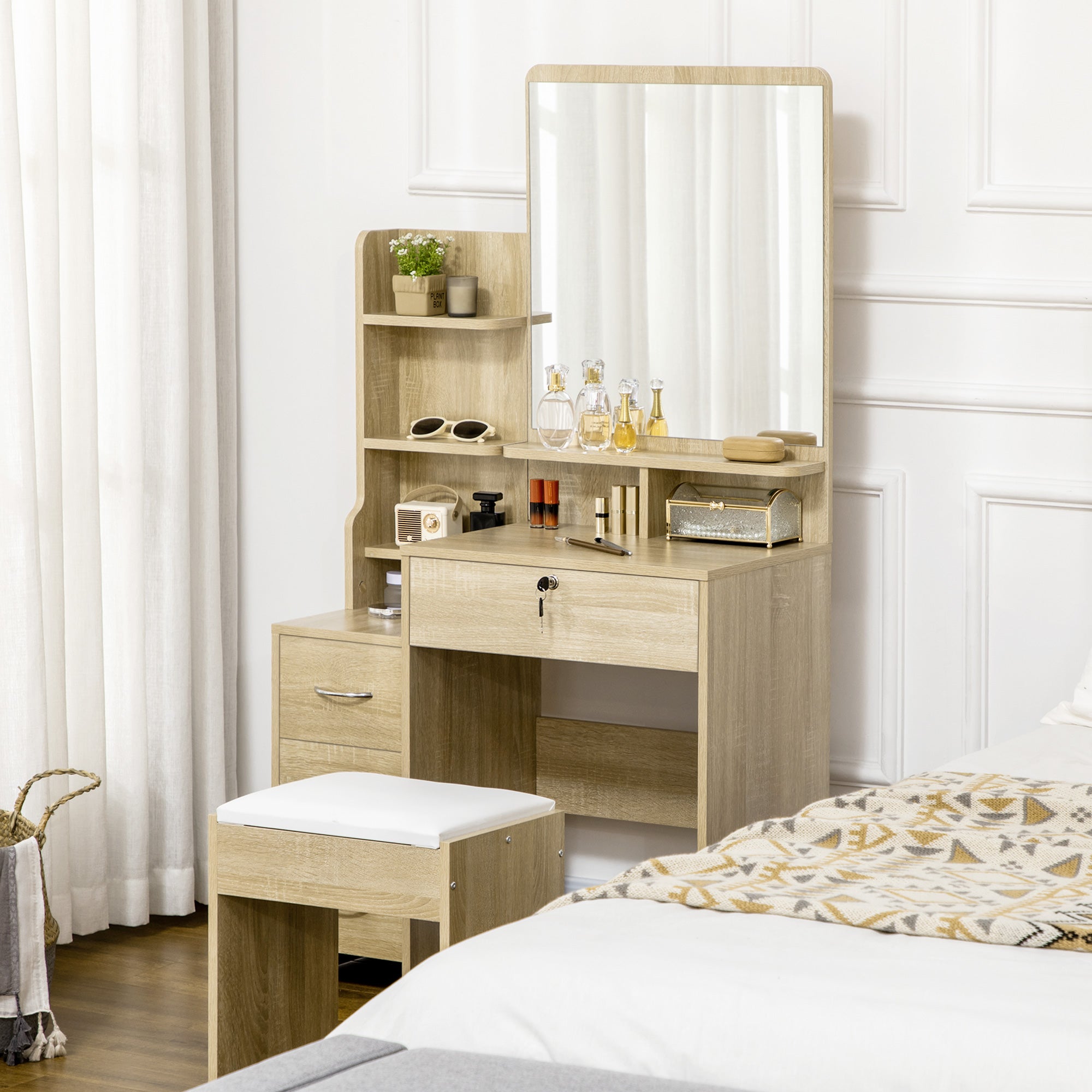 Vanity Table Makeup Desk Set with Padded Stool Large Mirror + Multiple Open Shelves + 4 Drawers Natural Wood