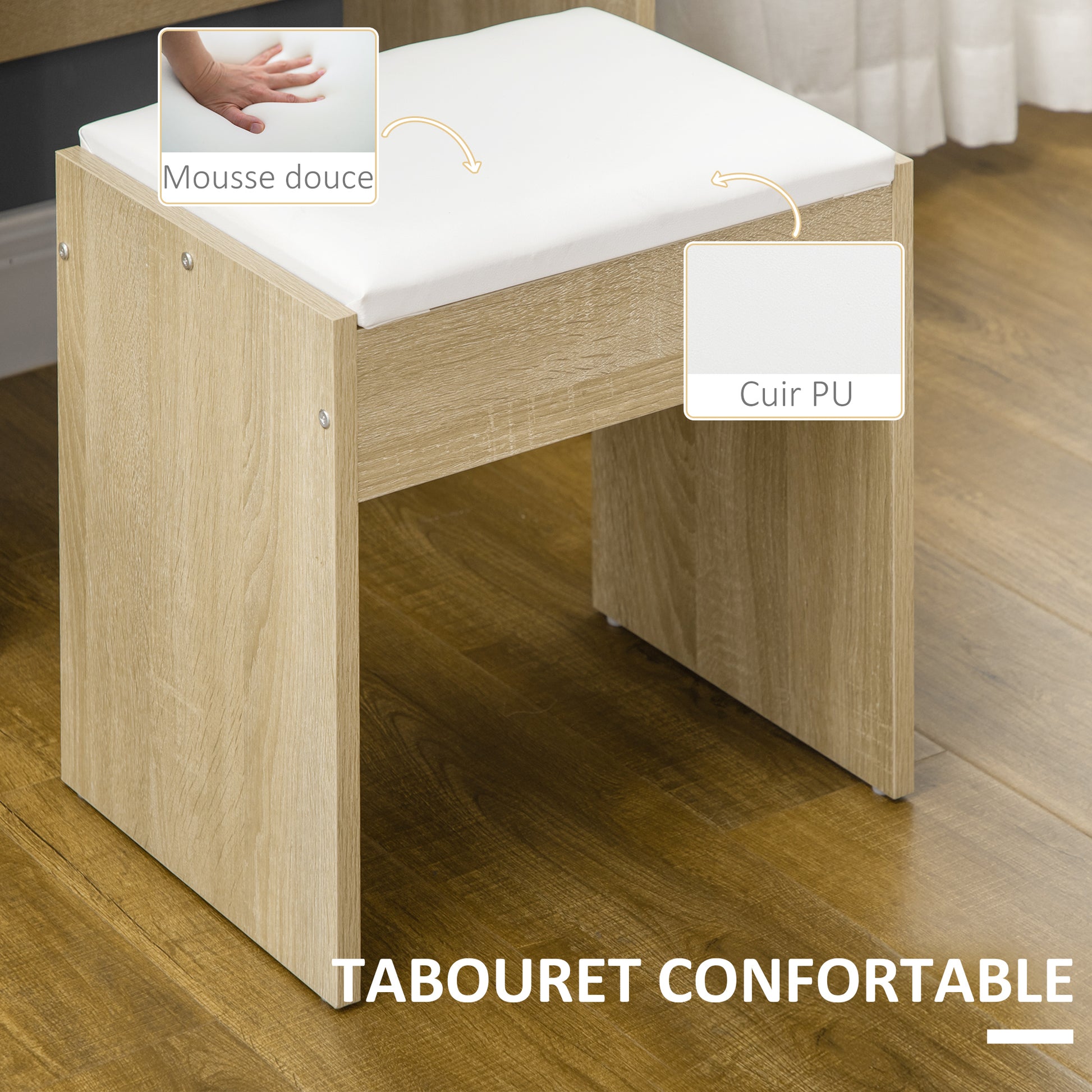 Vanity Table Makeup Desk Set with Padded Stool Large Mirror + Multiple Open Shelves + 4 Drawers Natural Wood