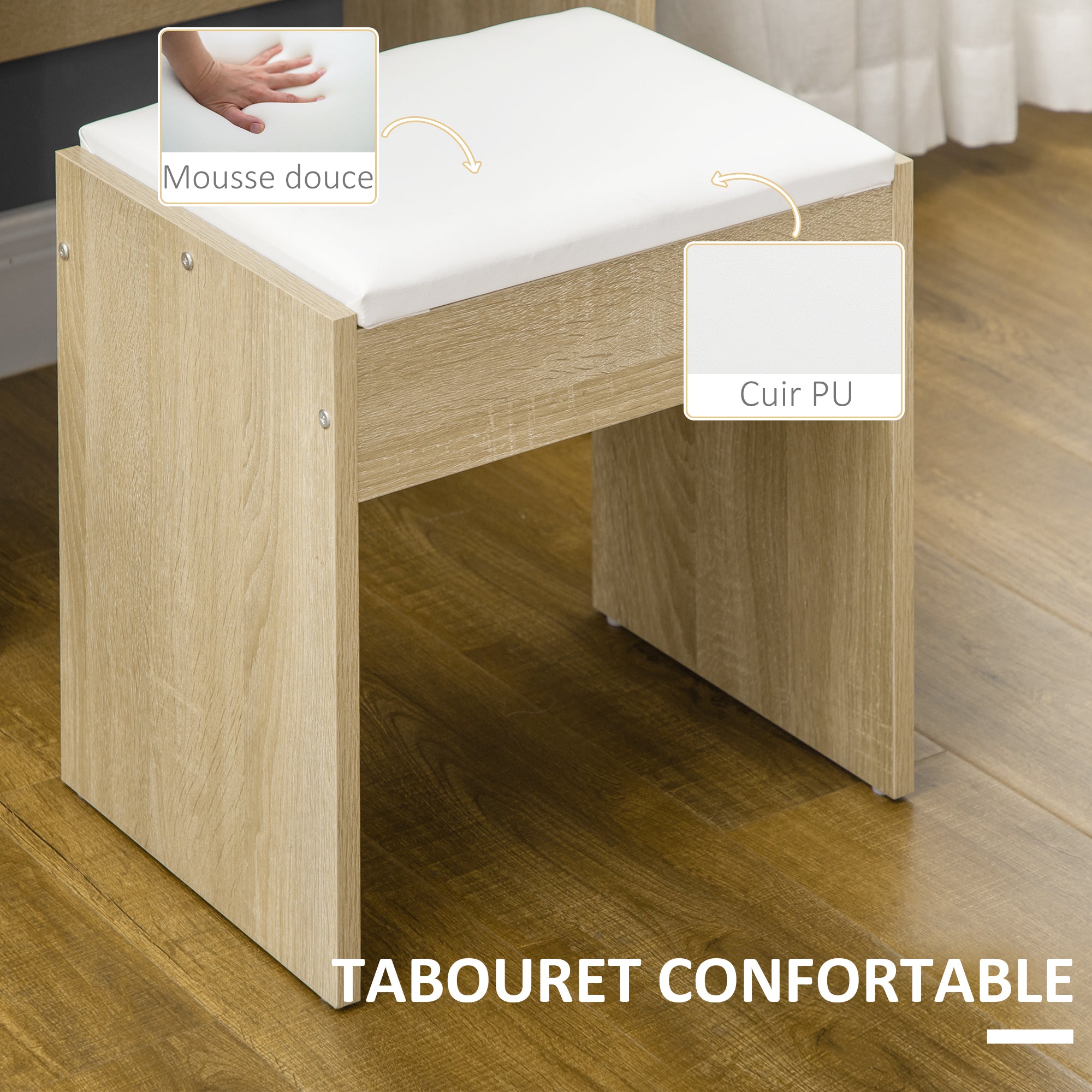 Vanity Table Makeup Desk Set with Padded Stool Large Mirror + Multiple Open Shelves + 4 Drawers Natural Wood