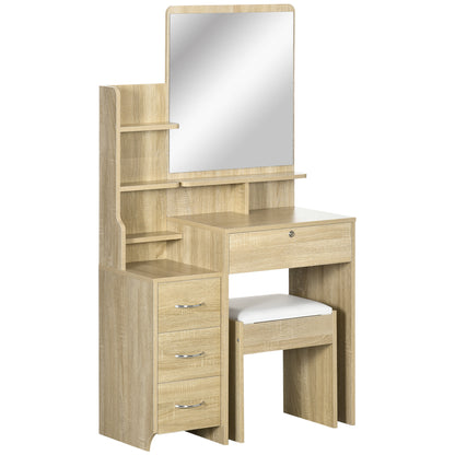Vanity Table Makeup Desk Set with Padded Stool Large Mirror + Multiple Open Shelves + 4 Drawers Natural Wood