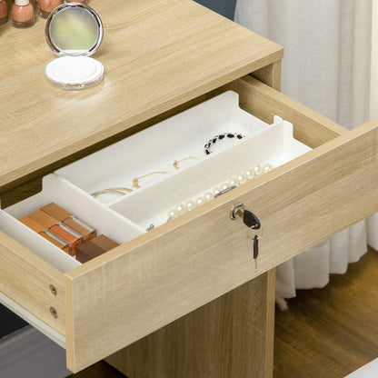 Vanity Table Makeup Desk Set with Padded Stool Large Mirror + Multiple Open Shelves + 4 Drawers Natural Wood