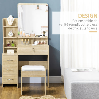 Vanity Table Makeup Desk Set with Padded Stool Large Mirror + Multiple Open Shelves + 4 Drawers Natural Wood