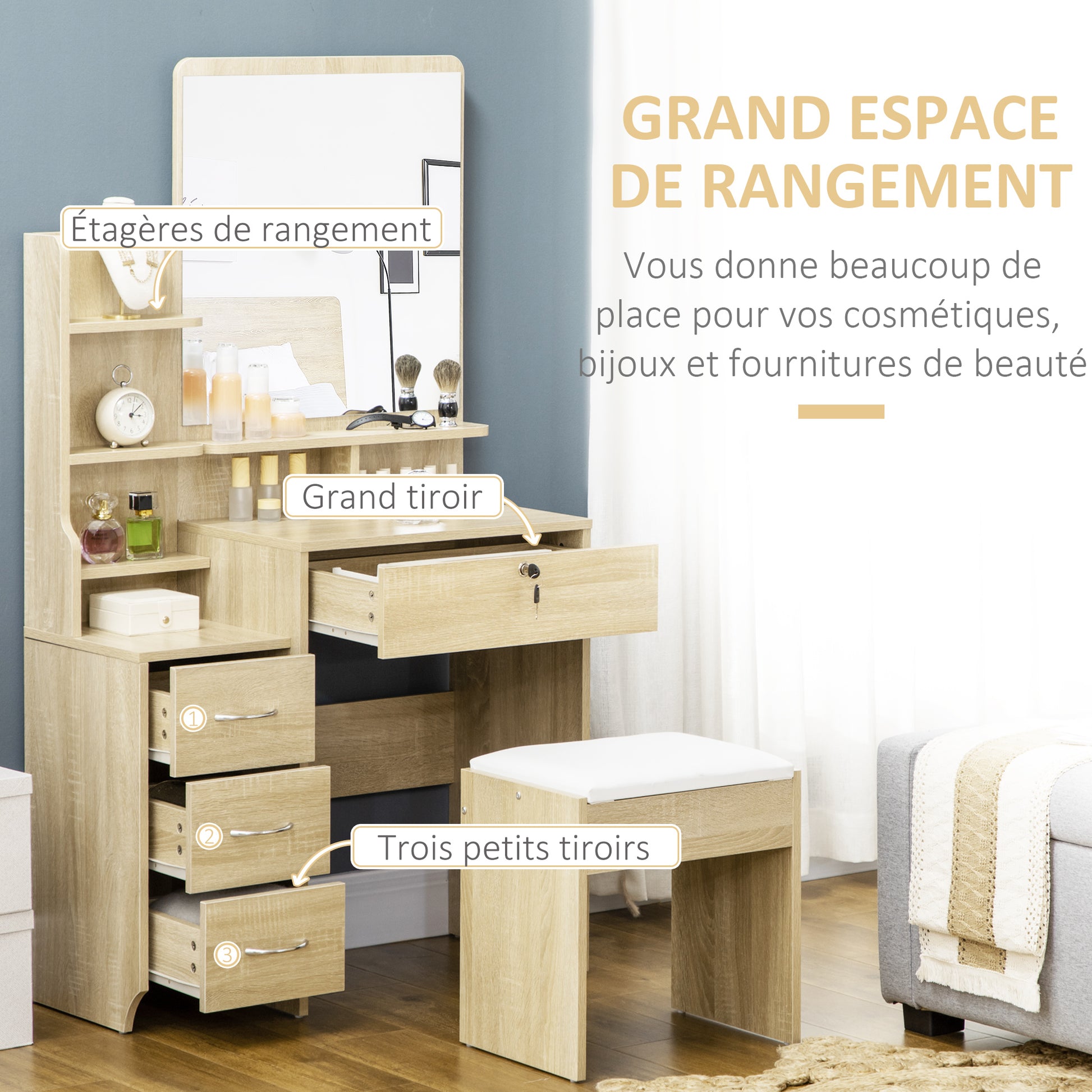 Vanity Table Makeup Desk Set with Padded Stool Large Mirror + Multiple Open Shelves + 4 Drawers Natural Wood