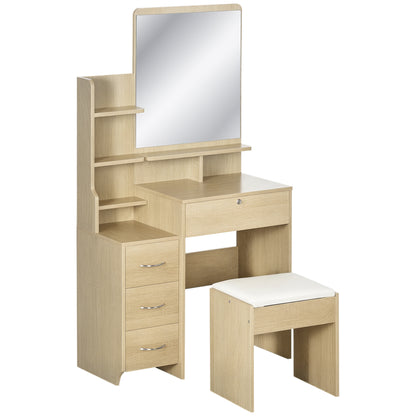 Vanity Table Makeup Desk Set with Padded Stool Large Mirror + Multiple Open Shelves + 4 Drawers Natural Wood