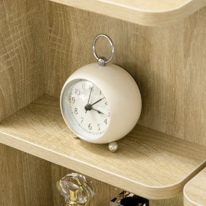 Vanity Table Makeup Desk Set with Padded Stool Large Mirror + Multiple Open Shelves + 4 Drawers Natural Wood