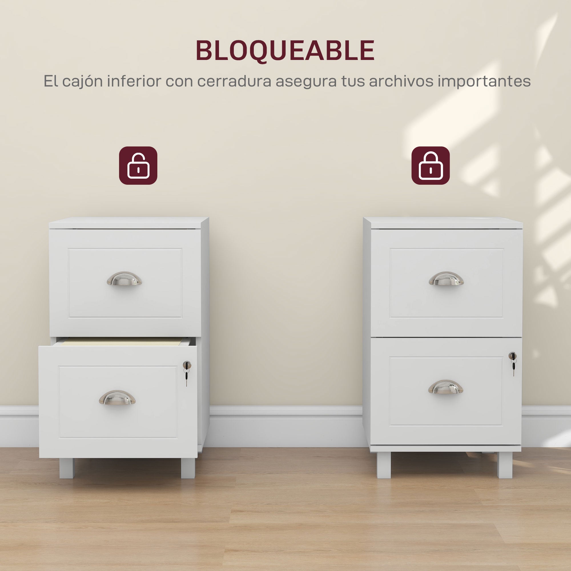 Office Drawer Cabinet Filing Cabinet with 2 Drawers Desk Drawer with Locks Hanging Folders for A4 and Letter 40x41.5x67.5 cm White