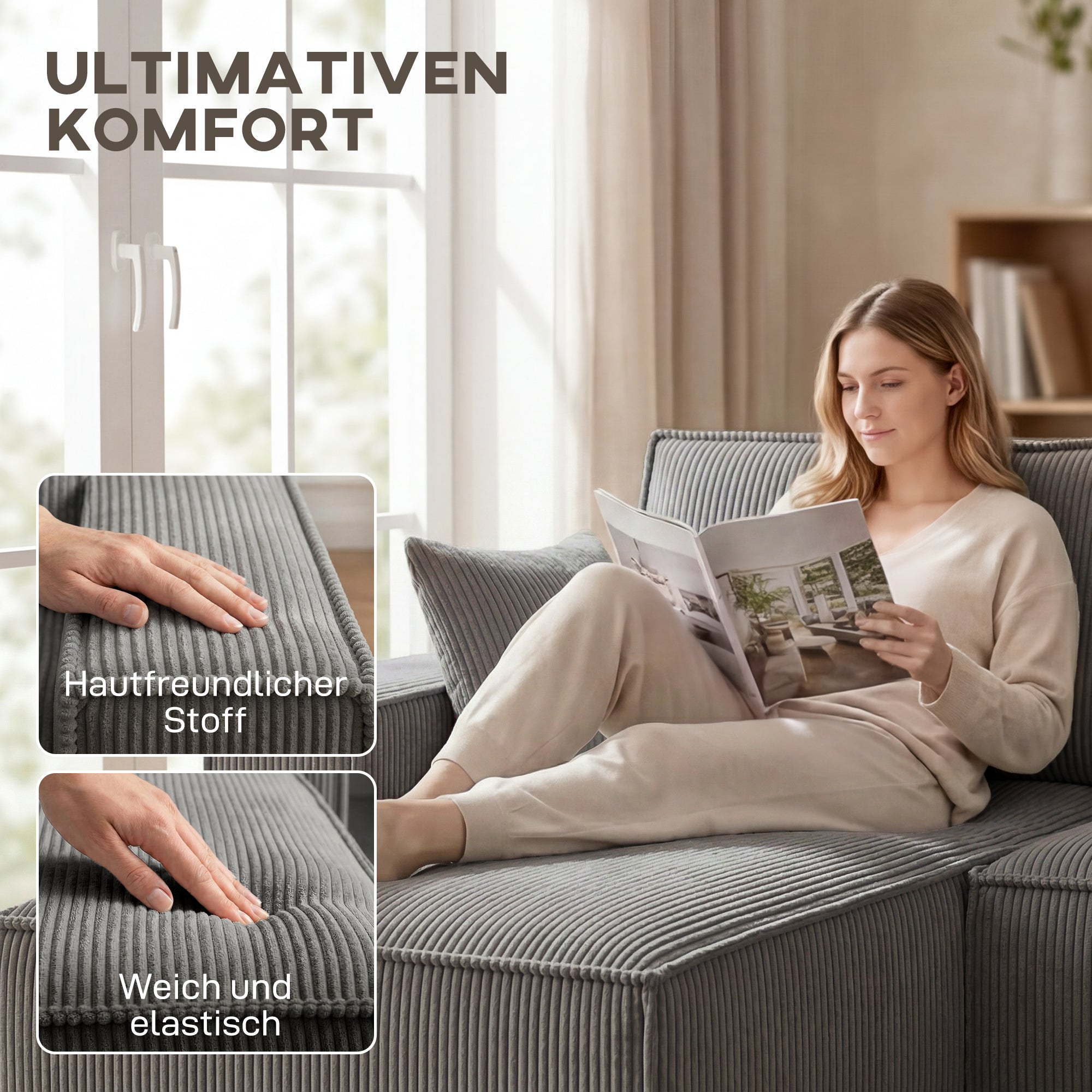 Corner Sectional 311 cm with Double Chaises, U-Shaped Corduroy Sofa with Wide Deep Seats, Pocket Spring Cushions, Wide Armrests, 4-Seater Living Room Sofa, Light Gray