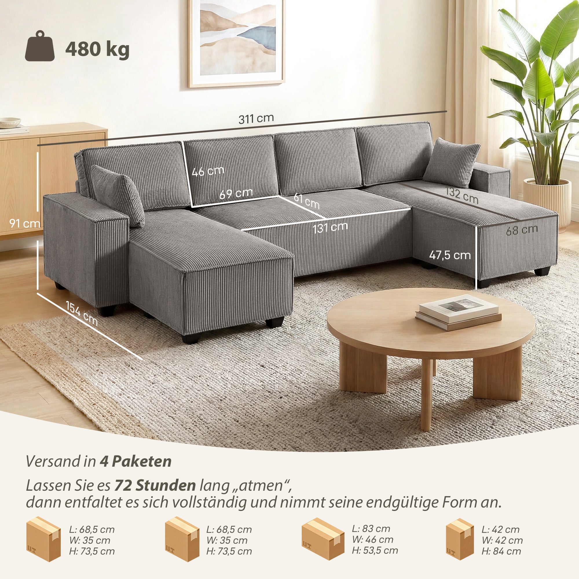 Corner Sectional 311 cm with Double Chaises, U-Shaped Corduroy Sofa with Wide Deep Seats, Pocket Spring Cushions, Wide Armrests, 4-Seater Living Room Sofa, Light Gray