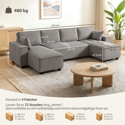 Corner Sectional 311 cm with Double Chaises, U-Shaped Corduroy Sofa with Wide Deep Seats, Pocket Spring Cushions, Wide Armrests, 4-Seater Living Room Sofa, Light Gray