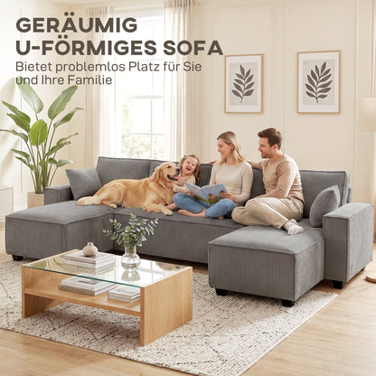 Corner Sectional 311 cm with Double Chaises, U-Shaped Corduroy Sofa with Wide Deep Seats, Pocket Spring Cushions, Wide Armrests, 4-Seater Living Room Sofa, Light Gray