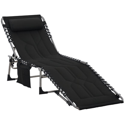 Sun Lounger, Foldable Garden Lounger with Head Pillow, Side Pocket, Recliner with 5-Position Adjustable Backrest, Weatherproof Camping Lounger up to 130 kg load capacity, for Garden Beach Pool, Black