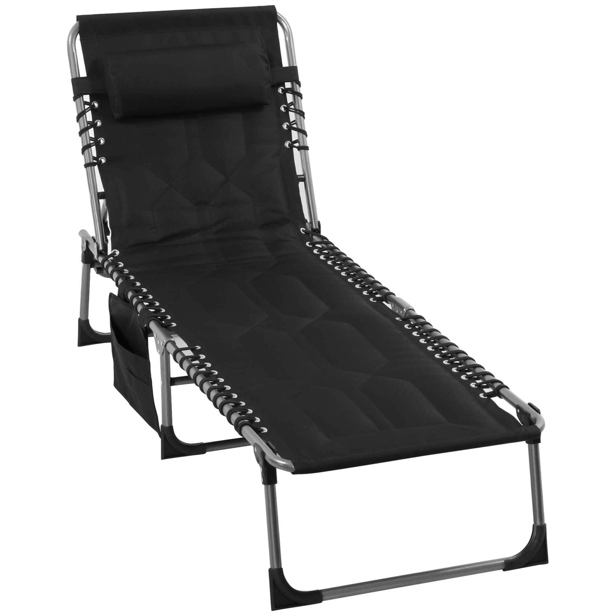 Sun Lounger, Foldable Garden Lounger with Head Pillow, Side Pocket, Recliner with 5-Position Adjustable Backrest, Weatherproof Camping Lounger up to 130 kg load capacity, for Garden Beach Pool, Black