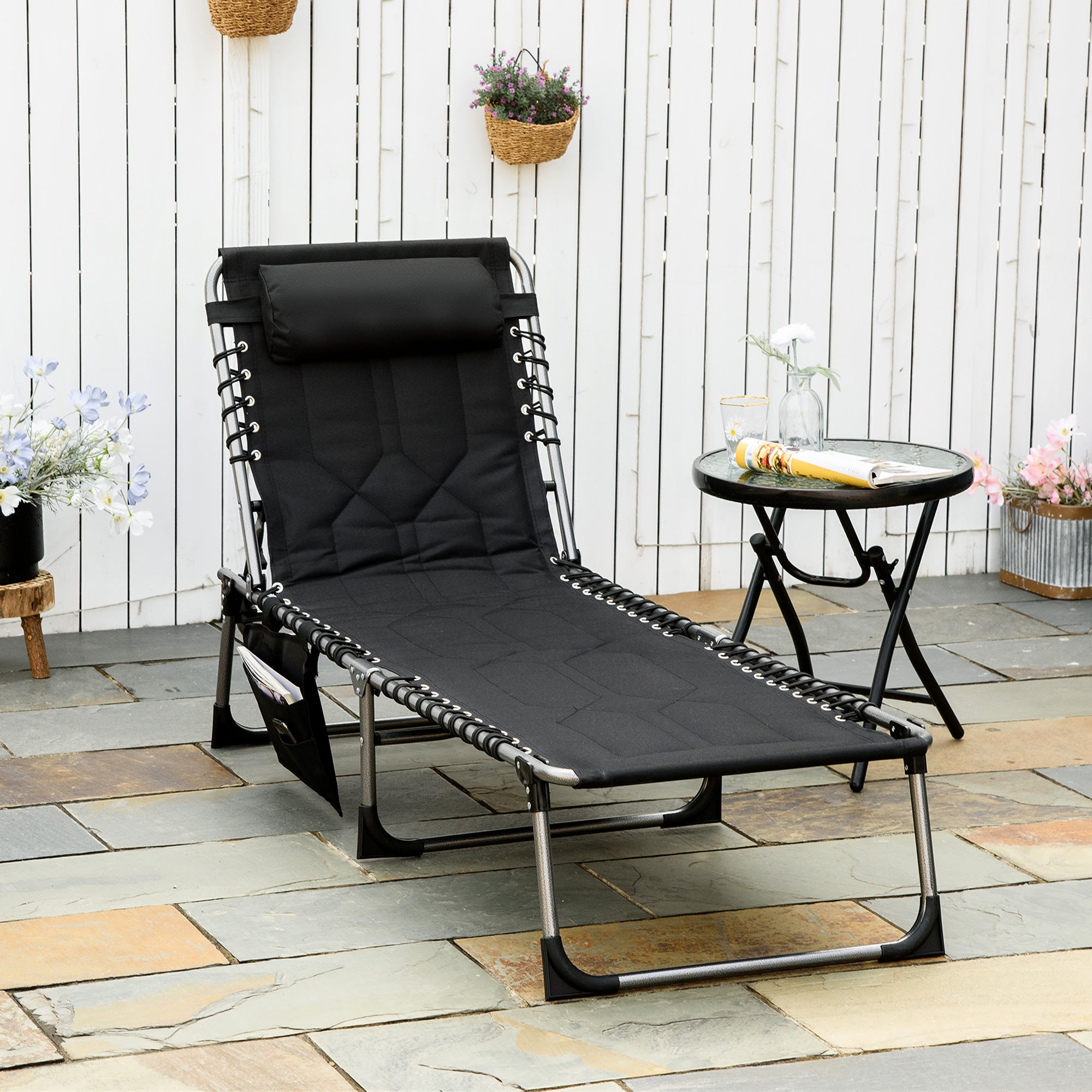 Sun Lounger, Foldable Garden Lounger with Head Pillow, Side Pocket, Recliner with 5-Position Adjustable Backrest, Weatherproof Camping Lounger up to 130 kg load capacity, for Garden Beach Pool, Black
