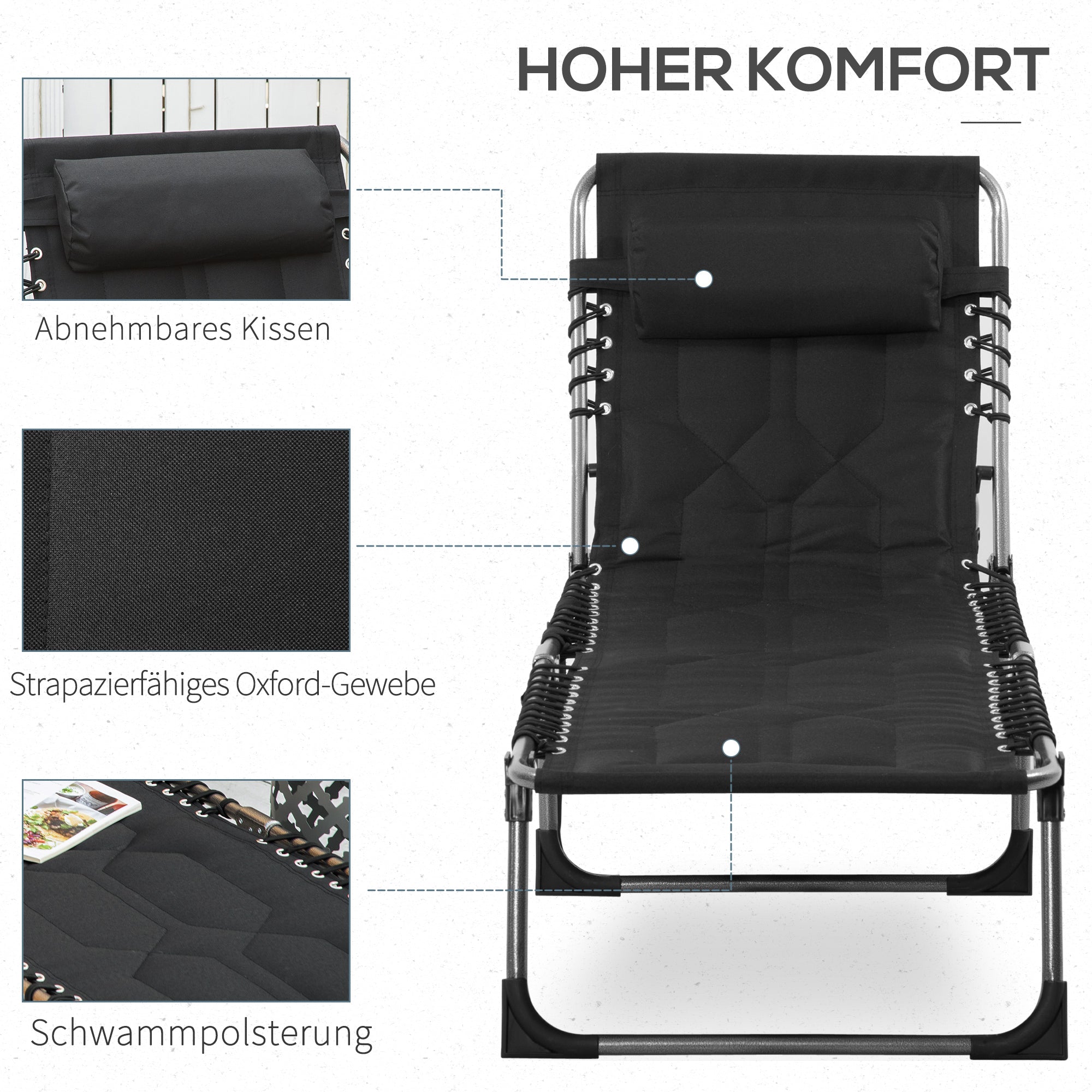 Sun Lounger, Foldable Garden Lounger with Head Pillow, Side Pocket, Recliner with 5-Position Adjustable Backrest, Weatherproof Camping Lounger up to 130 kg load capacity, for Garden Beach Pool, Black