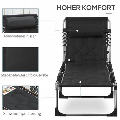 Sun Lounger, Foldable Garden Lounger with Head Pillow, Side Pocket, Recliner with 5-Position Adjustable Backrest, Weatherproof Camping Lounger up to 130 kg load capacity, for Garden Beach Pool, Black