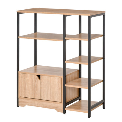 Bookshelf with Multiple Open Shelves and Double Door Bookcase with Metal Frame for Office Living Room 80x35x97 cm Natural Wood