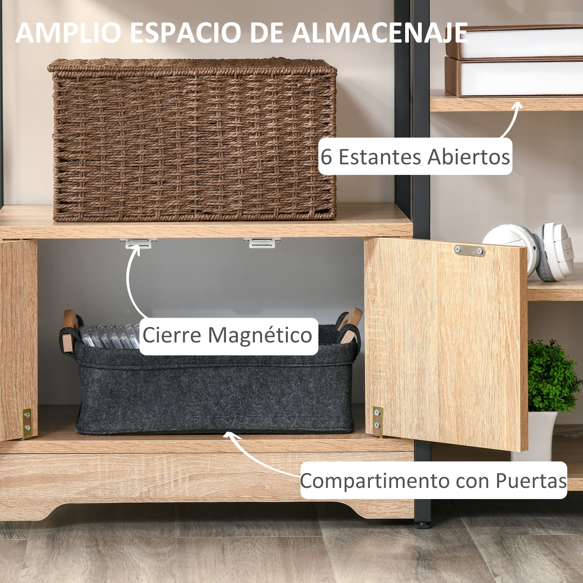 Bookshelf with Multiple Open Shelves and Double Door Bookcase with Metal Frame for Office Living Room 80x35x97 cm Natural Wood