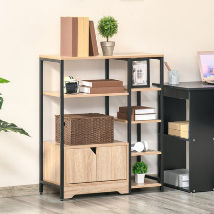 Bookshelf with Multiple Open Shelves and Double Door Bookcase with Metal Frame for Office Living Room 80x35x97 cm Natural Wood