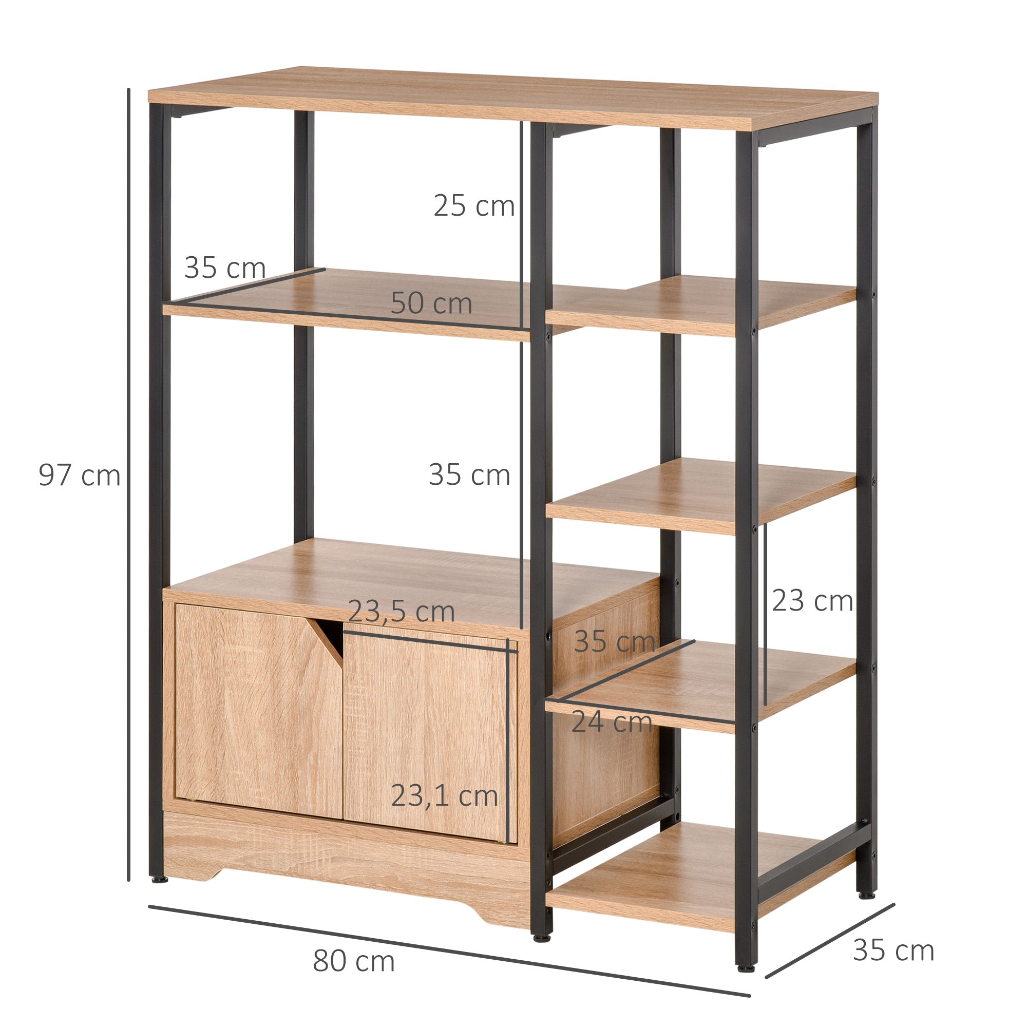 Bookshelf with Multiple Open Shelves and Double Door Bookcase with Metal Frame for Office Living Room 80x35x97 cm Natural Wood