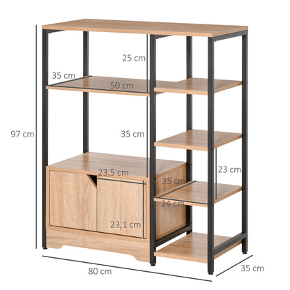 Bookshelf with Multiple Open Shelves and Double Door Bookcase with Metal Frame for Office Living Room 80x35x97 cm Natural Wood